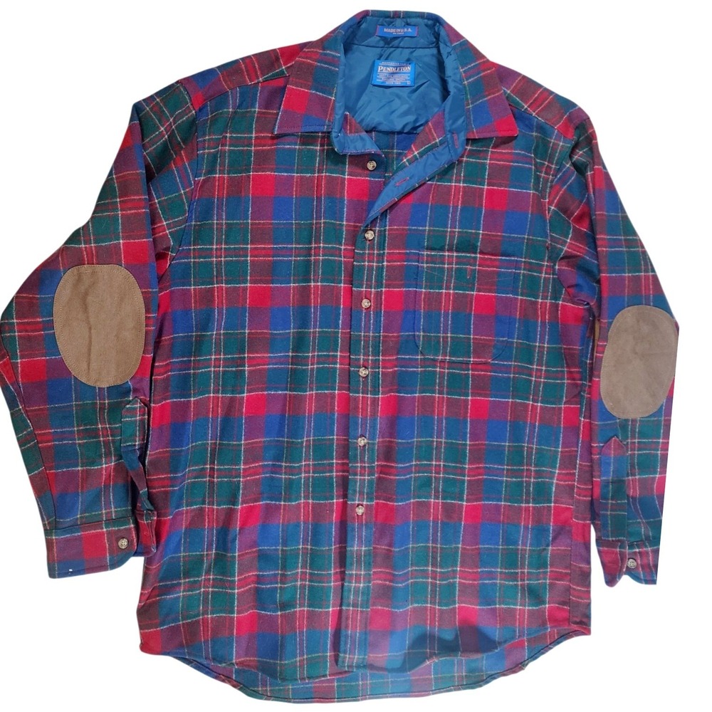 Vintage Pendleton Men's Plaid Wool Shirt Red Blue Green Elbow Patches Size L
